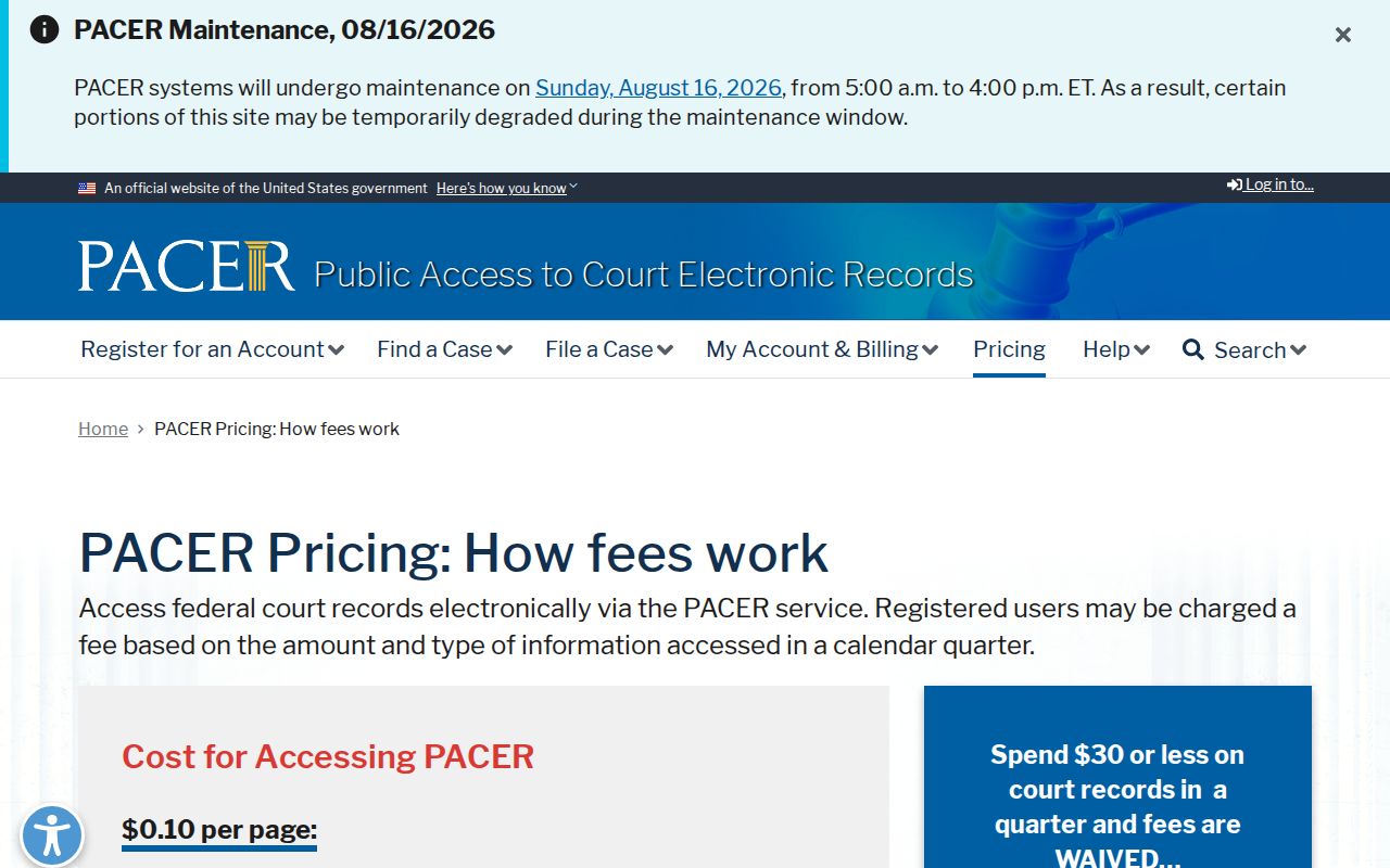 Jackson County court records fee comparison with current official PACER pricing